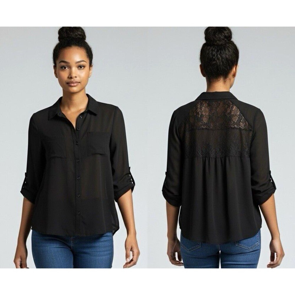 Papaya Black Lace Back Button-Up Blouse Collared 3/4 Roll Tab Sleeve Size L
